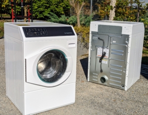 Speed Queen makes a variety of residential and commercial products, from 25-pound capacity tumblers to 250-pound washer-extractors, and dryers. These units are models FF7 and DR7 front loading machines.