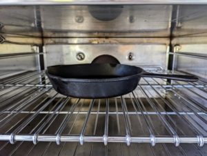 The first step is to preheat the oven to 425-degrees Fahrenheit and then place a large cast-iron ovenproof skillet in the center to heat up while all the ingredients are prepared.