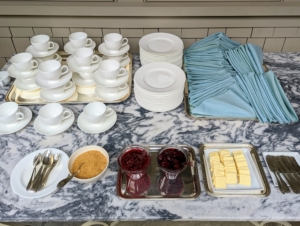 On one side of my courtyard, we set up cups for warm coffee, butter and homemade jams for croissants.