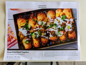 Here is the recipe card for our Oven Fried Beef Taquitos. Every Martha Stewart & Marley Spoon kit comes with this large recipe card complete with a photo of the finished dish on one side…