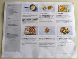Each meal comes with a large recipe card, which lists the ingredients and each of the six steps plus large photos to help show each stage of the process.