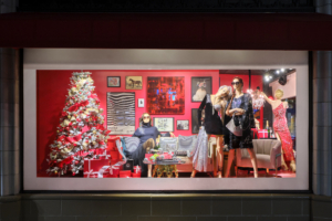 Neiman Marcus Downtown also features dedicated holiday window installations - this one displaying the signature bright red Baccarat boxes under the tree. (Photo provided by Neiman Marcus Group)