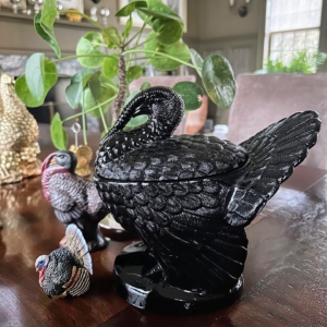 I love taking out all the turkey decorations I have amassed over the years, including these dark amethyst turkey dishes. I have a large collection of turkeys. After all, I once lived on “Turkey Hill Road”.