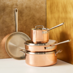 In my kitchens, I like to store pots on large overhead racks where they double as a wonderful displays - especially the copper. This is my Tri-Ply 7-Piece Copper Cookware Set.