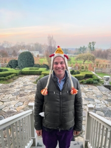 Guests arrived right on time for my holiday dinner. Here's my friend Christopher Spitzmiller - in his cheerful winter knit hat.