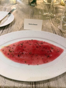 The first course was thinly pounded yellowfin tuna with foie gras, chives, and extra-virgin olive oil.