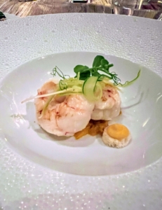 The second course was sautéed langoustine over fennel compote. Langoustines, also known as Norway lobsters, Dublin Bay prawns, scampi, and cigala, are essentially small lobsters averaging about eight inches long and fished from the bottom of the Atlantic Ocean and Mediterranean Sea.