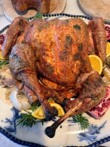 This is my Roasted Spatchcocked Turkey. It was so moist. This is a great option when one wants the bird done quickly. When the turkey's backbone is removed and the halves are flattened, the meat cooks in just about an hour.