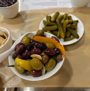 There were also bowls of olives and cornichons, or tiny pickles. In some places they're referred to as gherkins.