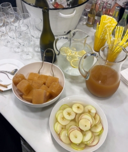 I also offered several tips during my demo, including this one - use a frozen ball of apple cider in place of ice, so the drink doesn't get watered down as the ice melts. I keep the apple slices in a bowl of lemon juice nearby, so they don't brown while the drinks are being prepared.