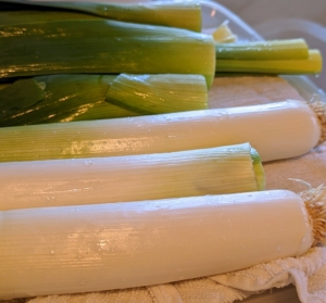 The leeks are all rinsed and peeled.
