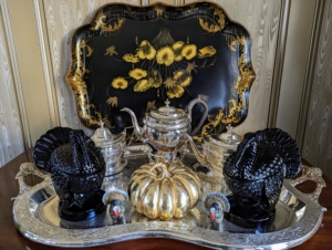 These dark amethyst turkey dishes are on a side table in my Brown Room.