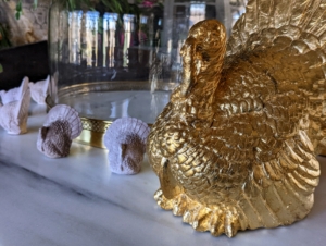 More turkeys on my servery counter. I originally purchased the gold colored turkey in papier mache, and then gilded it with faux gold leaf.