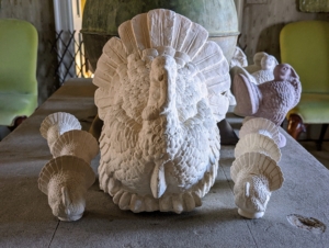 For Thanksgiving, I display lots of beautiful turkey figures. I made these turkeys years back for a shoot. We casted numerous turkeys from a material called PermaStone, a lightweight, durable cement and then gently tinted them in various earth tones.