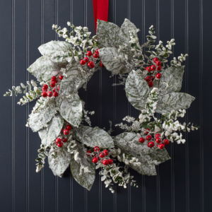 This is my Faux Frosted Magnolia & Berry Wreath from Martha.com. It's a beautiful alternative to the classic pine wreath.
