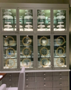 On this china cabinet, we hung my Jeweled Wreath Ornaments from the glass windows. These come in sets of six in both gold and silver.