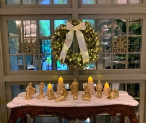 This is my Nativity Set - now in an elegant ceramic gold. It is comprised of 14-figurines, including three camels, two shepherds, two oxen, three wisemen, an in-keeper, Joseph, Mary, and Baby Jesus in a manger.