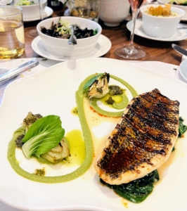 And this is grilled black bass with bok choy, basil, and a chili vinaigrette.