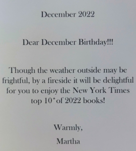 Each stack of books was given with this Birthday sentiment. Jane, Kevin, Susan, Darcy, Judy, and Peter - happy birthday and may you enjoy reading every single work! And be sure to follow Le Pavillon on Instagram @lepavillonnyc.