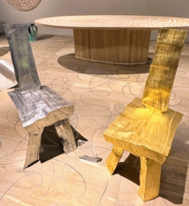 This piece won the Design Miami award for Best Contemporary Work. It is Max Lamb‘s Gold Cleft Chairs gilded in gold and silver.