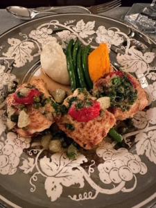 Here is our entrée - beautifully plated dover sole Meunière with vegetables. Meunière is both a French sauce and a method of preparation, primarily for fish that is dredged in flour before being sautéd or pan-fried. The word itself means "miller's wife" in French.