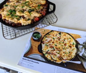 The moussaka is taken out, topped with the remaining fresh parsley and ready to serve. Do you know... the word "moussaka" means cold or dipped in liquid - perhaps used because this dish is delicious served warm or cold. Be sure to visit Martha Stewart & Marley Spoon today and sign up!