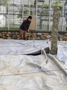 To keep the tarps in place, Brian ties them down with strong twine.