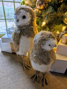 These Metallic Fur Owls have metallic feathers and faux fur. We placed two under the tree with some wrapped gifts.