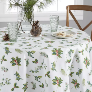 At Sam's Club, get my Martha Stewart 70-inch Round Tablecloth with a cheerful holly berry design.