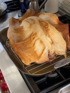 Here is the turkey out of the oven - still covered...