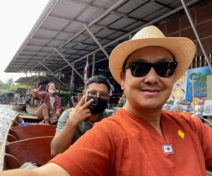 These markets were first opened when waterways served as primary modes of transport and trade. Now, these floating markets are more popular for visiting tourists. Chhiring and Mingmar stopped for this photo aboard one of the floating market boats.