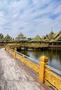 The Ancient City features 116 structures of Thailand's most famous monuments and architectural attractions including these long temple bridges.