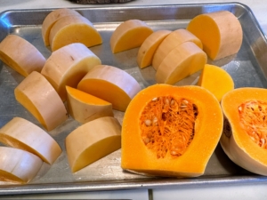 The squash is cut and then roasted. Butternut squash is filled with antioxidants, including vitamin C, vitamin E, and beta-carotene.