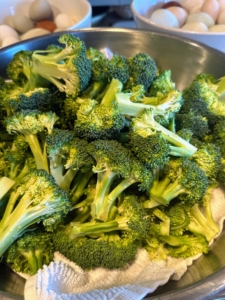 Four large broccoli heads are cooked until fork tender. All my food is completely organic and full of flavor.