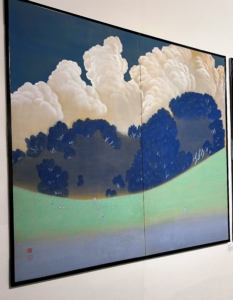 In the Thomsen Gallery is this Hasegawa Chikuyū (1885-1962) Clouds over Mountains. This is half of a 1920s pair of two-panel folding screens made from ink, mineral pigments, gofun, and gold wash on silk. It measures 66 x 72 and a 1/2 inches.