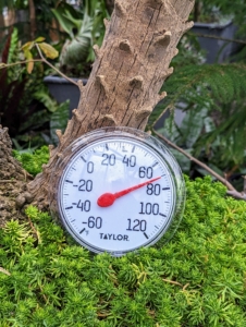 All the thermometers are checked - there are a few in every greenhouse. To simulate the best subtropical environment, we try to keep the temperature between 50 and 85-degrees Fahrenheit with some humidity.