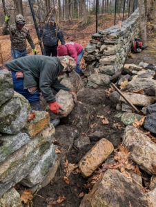 And then by hand, one by one, the stones are returned, and repositioned just right, so when completed the top of the wall is completely level.