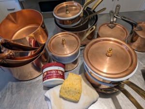 There are several ways to clean copper. Experts recommend using a good-quality, non-abrasive commercial copper polish. I’ve been using Wright’s metal creams for years. Wright’s Copper Cream is a gentle formula that cleans and shines – it’s also great for brass. Before starting, it's also a good idea to get out any sponges and drying towels needed.