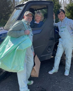 I met Bernie and Dennis at the tag sale. Here is a photo of the three of us. If you also came to my tag sale, you may have seen them too - in their matching "Martha green" overalls.