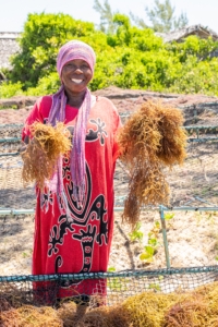 This woman proudly displays the labors of her work. Her seaweed will ultimately leave her village and be sold to the cosmetic industry. (Photo by Marlon Dutoit)