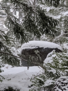 This is large black urn we use for planting small trees in the summer. It is covered to keep the inside from falling rain and snow. One can see how much snow has accumulated so far.