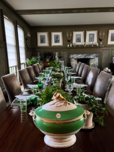 Whenever I entertain indoors at my farm, it’s usually in my Brown Room, a large dining room and sitting area. Here is our beautifully set table - in all shades of green, of course.