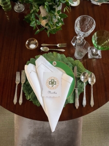 I decide the place settings for every holiday meal - working closely with my housekeepers to make sure we have all the necessary plates, utensils, and glasses. The green china plates are Paris porcelain monogrammed with an “S”. This year, my operations manager Stephanie Lofaro, also made these charming shamrock place cards. Each one was printed on a heavy card stock and then trimmed with craft shears to give it a decorative edge. Do you know the difference between a shamrock and a clover? Shamrocks always have three leaves, while clovers can have a fourth. Shamrocks are usually green, but one can also find them in purple, green, or white. And shamrocks grow in clumps, while four-leaf clovers are rare and grow one at a time.