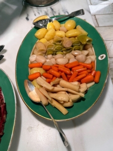 All the vegetables are cooked separately until tender – fresh cabbage, turnips, parsnips, carrots potatoes, leeks.
