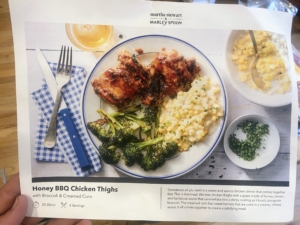 Here is the large recipe card for the Honey BBQ Chicken Thighs with Broccoli & Creamed Corn. Every Martha Stewart & Marley Spoon kit comes with this large recipe card complete with a photo of the finished dish on one side…