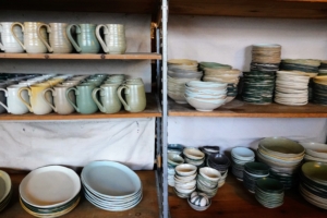 I also took a small tour of the workshop - here are shelves filled with Connor's plate ware - cups, bowls, plates in a variety of light hues.