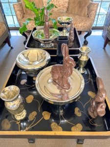More faux chocolate bunnies on these black lacquered tables in my Brown Room. One can never have too many whimsical animals sitting around a room on Easter.