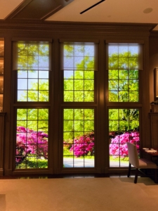 The windows in this area of the dining room look out to Durantrans, or large backlit transparency photos, of my farm. Here is one showing the gorgeous spring azaleas in bloom.