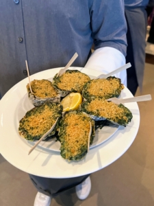 We also offered Oysters Rockefeller, baked with Pernod cream, spinach watercress, and a parsley breadcrumb topping.