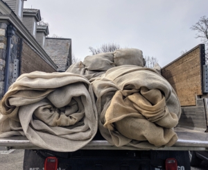 All these rolls of fabric will be placed in our stable storage barn where it can be kept dry. One of the few downsides to this fabric is that it will start to fray and disintegrate after time, especially if exposed to moisture.